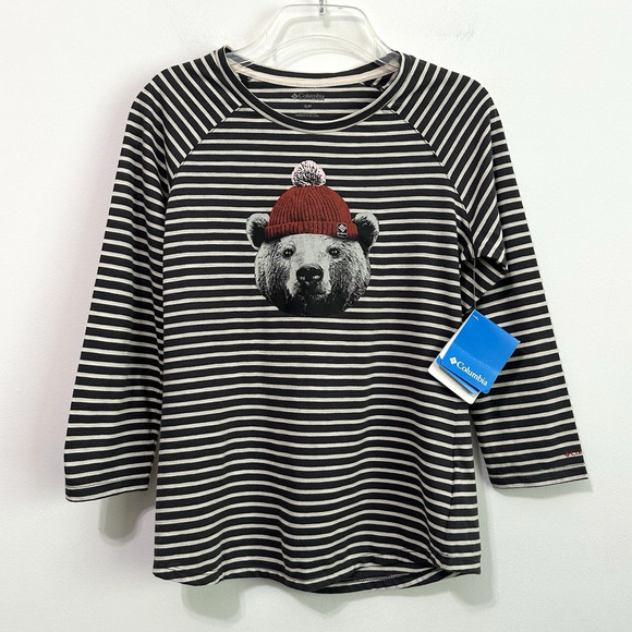 Columbia Tee S Unbearable Striped Graphic Shirt Bear 3/4 Sleeve Pullover NEW - Picture 1 of 11